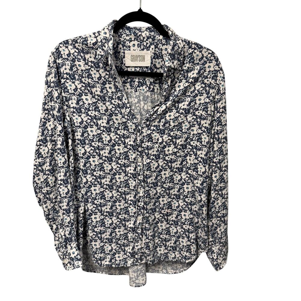Grayson The Hero Navy Floral Print Split Neck Button Up Top Womens 3 / US Large